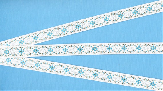 FLORAL C-46-A Jacquard Ribbon Poly Trim, 5/8" Wide (16mm) White Background w/Sky Blue Flowers, Green Garland Lattice Design