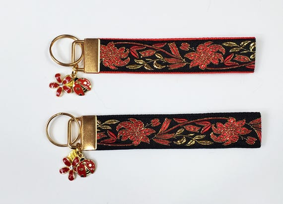 FLORAL (Metallic Gold Red Flowers) Jacquard Ribbon/Nylon Web 1" wide (25mm) 5.5" long Key Fob w/Charms