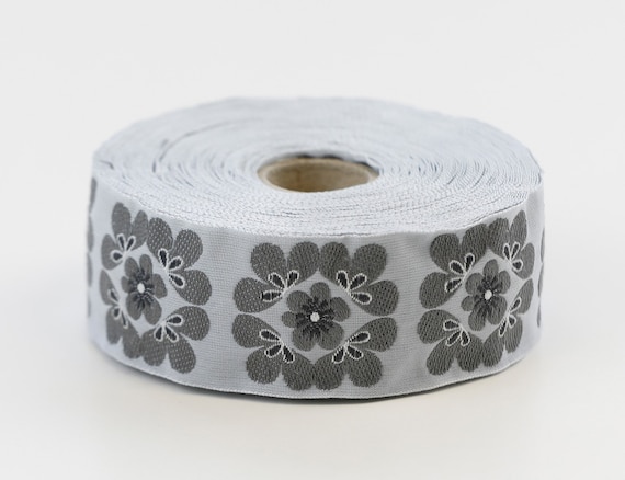 KAFKA G-13/19 Jacquard Ribbon Woven Organic Cotton Trim 1-1/4" wide (32mm) Lt Gray w/Gray Mod Flowers, Dark Gray & White Accents