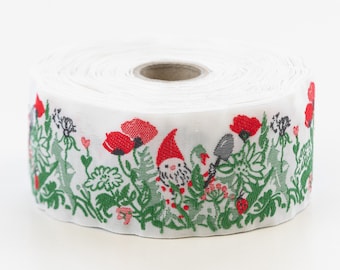 KAFKA H-08/01 Jacquard Ribbon Woven Organic Cotton Trim 1-1/2" wide (40mm) Garden Gnomes w/Shovels, Red Poppies & Greenery