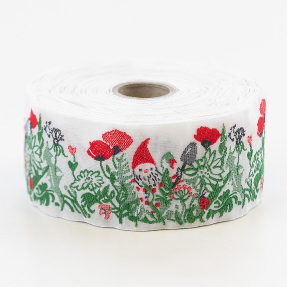 KAFKA H-08/01 Jacquard Ribbon Woven Organic Cotton Trim 1-1/2" wide (40mm) White Background, Garden Gnomes w/Shovels, Red Poppies & Greenery