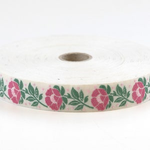 KAFKA D-07/12 Jacquard Ribbon Woven Organic Cotton Trim 3/4&quot; wide (20mm) &quot;Folklore&quot; Cream w/Rose & Pink Flowers Green Leaves Pale Pink Dots