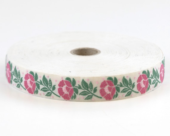 KAFKA D-07/12 Jacquard Ribbon Woven Organic Cotton Trim 3/4" wide (20mm) "Folklore" Cream w/Rose & Pink Flowers Green Leaves Pale Pink Dots