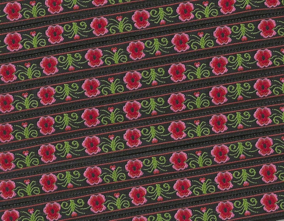 FLORAL B-28-C Jacquard Ribbon Polyester Trim 1/2" wide (13mm) Black Background w/Variegated Pink/Red Flowers, Olive Green Leaves