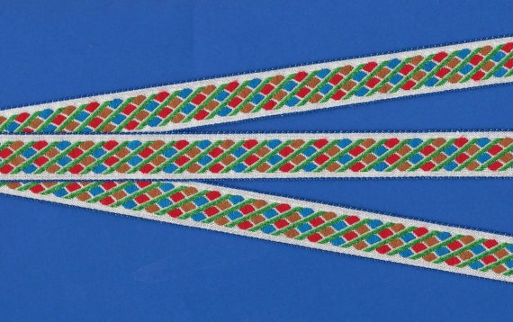 GEOMETRIC D-03-A Jacquard Ribbon Cotton Trim 3/4" wide (20mm) White Background, Blue Borders w/Red, Blue, Green & Rust Pattern, REMNANTS