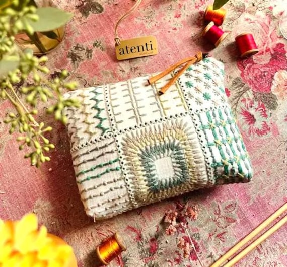 ATENTI Handmade Bags "LILY" Tapestry Pattern in Ivory & Green Accessory Pouch, Cosmetic Bag, Notions Bag, Small Projects Bag, USA Made