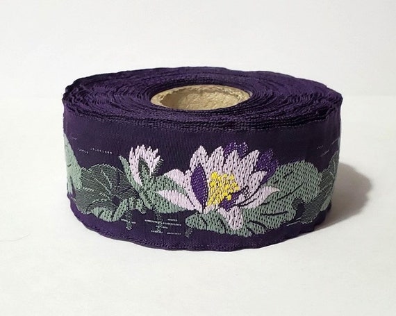 KAFKA F-04/05 Jacquard Ribbon Woven Organic Cotton Trim 1" wide (25mm) Dark Purple Background, Lilac & Purple Waterlilies, Sage Green Leaves