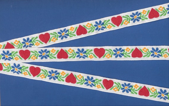 HEARTS/FLOWERS D-21-B Jacquard Ribbon Cotton Trim 3/4" wide (20mm) Nordic, White w/Red Hearts Yellow & Blue Flowers Green Leaves