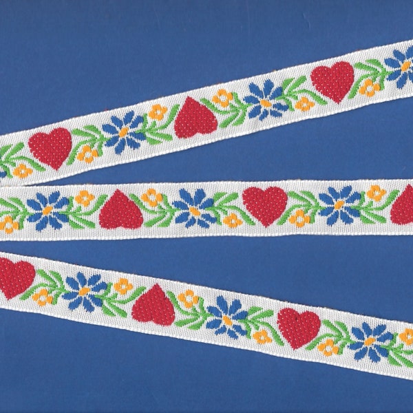 HEARTS/FLOWERS D-21-B Jacquard Ribbon Cotton Trim 3/4" wide (20mm) Nordic, White w/Red Hearts Yellow & Blue Flowers Green Leaves