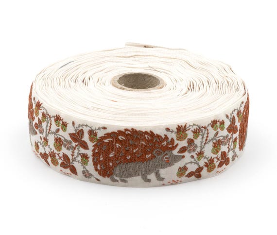 KAFKA G-33/03 Jacquard Ribbon Woven Organic Cotton Trim 1-1/4" wide (32mm) Ivory Background w/Gray & Rust Hedgehogs