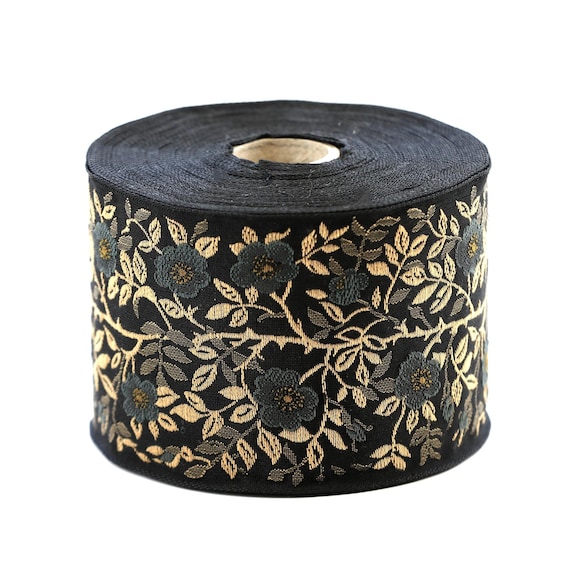 KAFKA L-01/38 Jacquard Ribbon Woven Organic Cotton Trim 2-3/8" wide (60mm) Black w/Dark Gray Dog Roses, Beige & Taupe Leaves