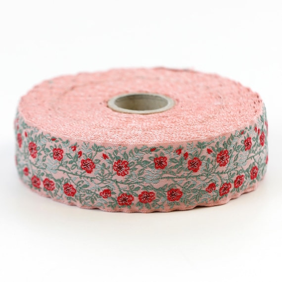 KAFKA F-02/20 Jacquard Ribbon Woven Organic Cotton Trim 1" wide (25mm) Coral Pink Background, Red "Wild Rose" Flowers, 2-Tone Green Leaves