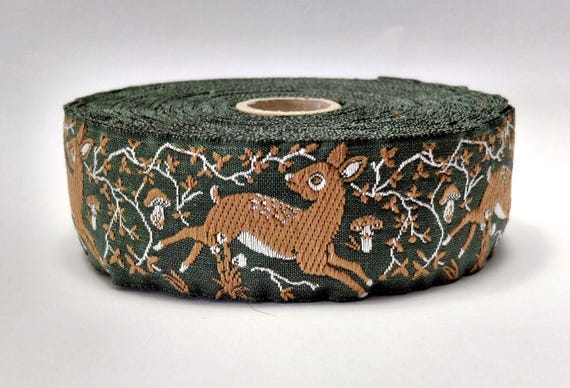 KAFKA G-35/02 Jacquard Ribbon Organic Cotton Trim 1-1/4" wide (32mm) Green w/Brown Fawns