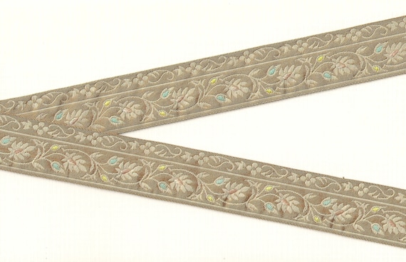 FLORAL G-11-A Jacquard Ribbon Poly Trim 1-3/8" wide (34mm) Made in France Beige w/Lt Tan Scrolls/Leaves/Vines, Blue/Yellow/Peach Accents