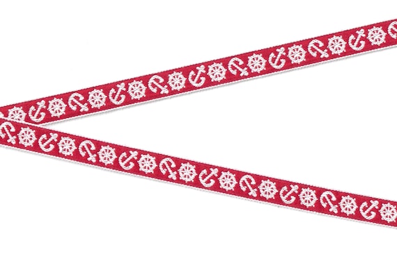CHILDREN's NAUTICAL C-14-B Jacquard Ribbon Cotton Trim 9/16" wide (15mm) VINTAGE Red Background with White Anchors & Captain's Wheels