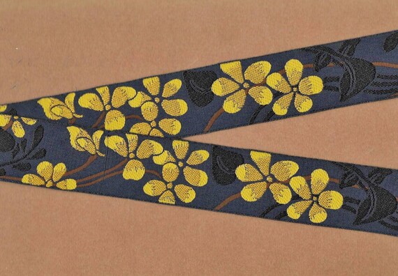 FLORAL H-24-F Jacquard Ribbon Poly Trim !-1/2" wide (38mm) VINTAGE, Navy w/Yellow Blossoms