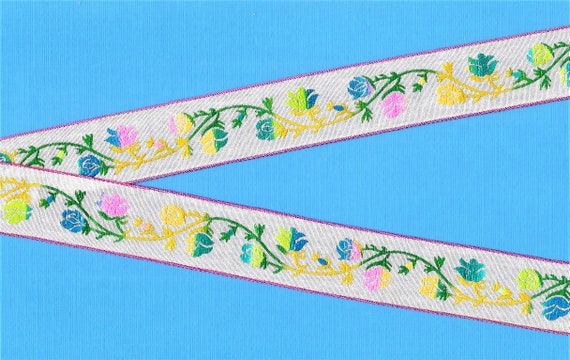 FLORAL F-39-C Jacquard Ribbon Cotton Trim, 1" Wide (25mm) White w/Pink Borders Variegated Yellow, Pink, Blue & Green Flowers/Vines, Per Yard