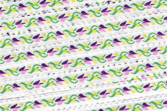 FLORAL B-24-B Jacquard Ribbon Rayon Trim 1/2" wide (13mm) White w/Picot Edging Variegated Lilac/Purple Tulips, Yellow Dots