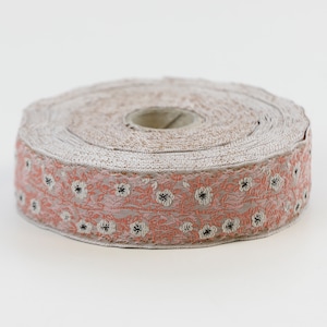 KAFKA F-02/44 Jacquard Ribbon Woven Organic Cotton Trim 1&quot; wide (25mm) Beige Background, Cream & Brown Wild Roses Peach/Apricot Leaves/Vines