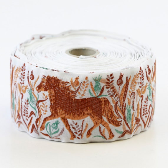 KAFKA K-06/09 Jacquard Ribbon Woven Organic Cotton Trim 2" wide (50mm) White w/Fawn/Lt Orange Horses, Teal, Brown & Fawn Grasses
