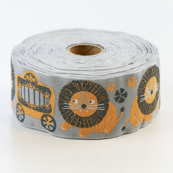 KAFKA K-05/01 Jacquard Ribbon Woven Organic Cotton Trim 1-5/8" wide (42mm) Here Comes the Circus! Dk Gray & Golden Lions on Gray