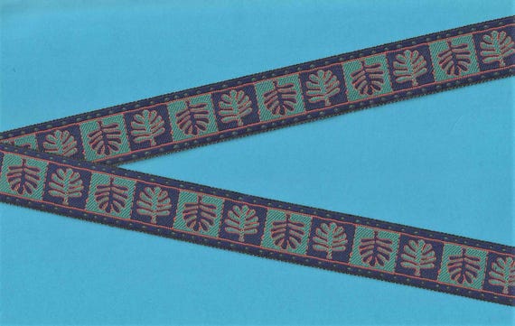 NOVELTY/Leaves F-01-B Jacquard Ribbon Poly Trim 1" wide (25mm) Autumn Leaves in Navy, Teal & Orange