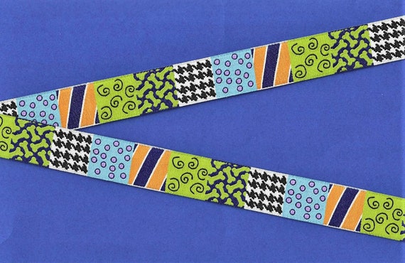 GEOMETRIC E-33 Jacquard Ribbon Poly Trim 7/8" wide (22mm) Blue, Green, Yellow, Gold & Lilac Multi-Patterned Block Design