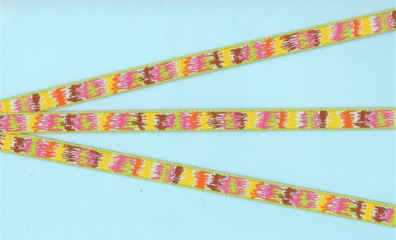 GEOMETRIC A-12-B Jacquard Ribbon Polyester Trim 3/8" wide (9mm) Lime Borders w/Multi-Colored Abstract, Dena Designs from Renaissance Ribbons