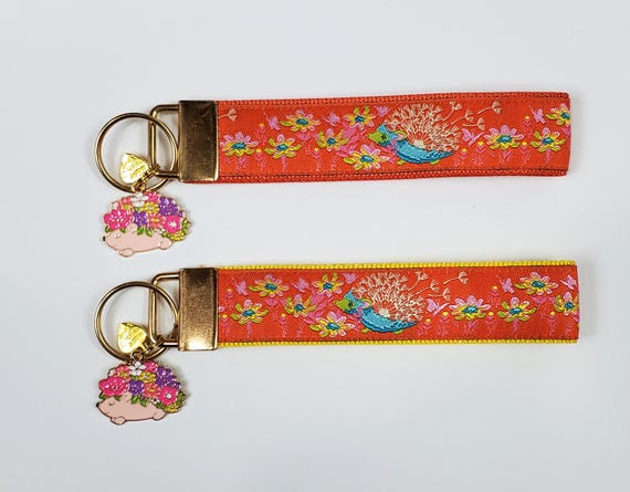 HEDGEHOGS (Orange) Jacquard Ribbon/Nylon Web 1" wide (25mm) 5.5" long Key Fob w/Charms