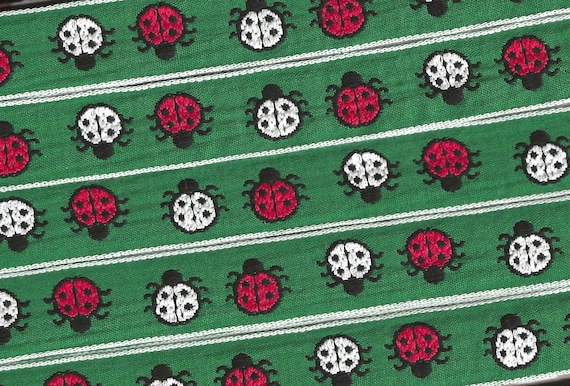 INSECTS D-06-A Jacquard Ribbon Cotton Trim 13/16" wide (21mm) Vintage, Green Background, White Borders w/Red & White Ladybugs