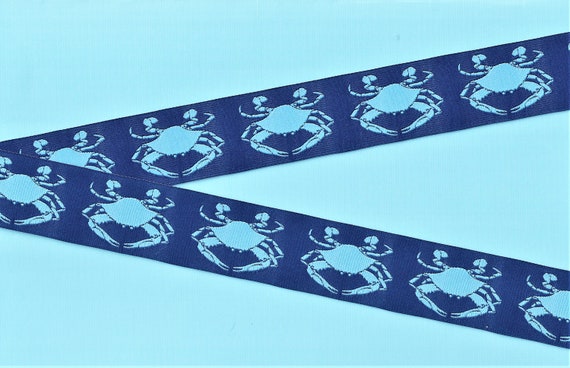 ANIMALS/Water G-20-A Jacquard Ribbon Poly Trim 1-1/8" wide (28mm) REVERSIBLE Blue w/Sky Blue Crabs