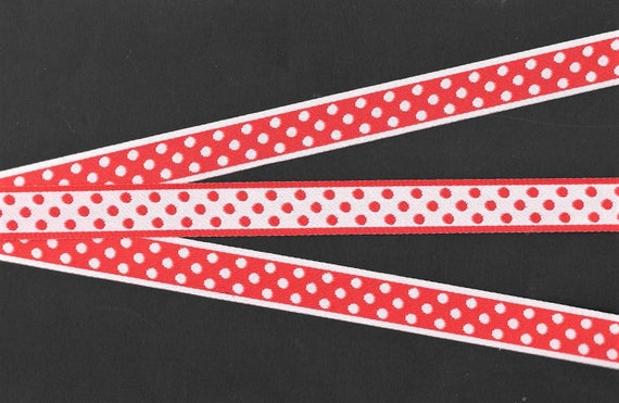 POLKA DOTS D-01-A Jacquard Ribbon Poly Trim 11/16" wide REVERSIBLE, White & Orange Background and Polka Dots