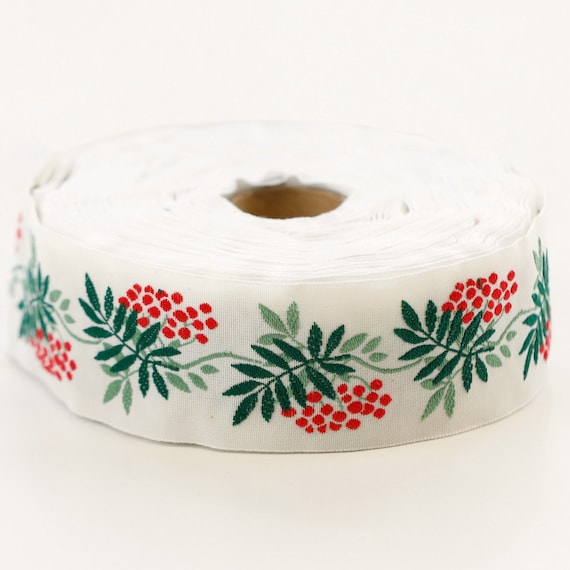 KAFKA G-05/04 Jacquard Ribbon Woven Organic Cotton Trim 1-1/4" wide (32mm) Holiday colors in Ivory w/Red Berries and Green Leaves