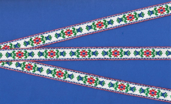 FLORAL C-03-F Jacquard Ribbon Poly Trim, 5/8" Wide (16mm) White Linen w/Red Borders, Red/Blue Flowers, Green Leaves, Embroidery, Per Yard
