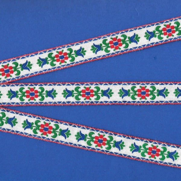 FLORAL C-03-F Jacquard Ribbon Polyester Trim 5/8" wide (16mm) White Linen w/Red Borders, Red/Blue Flowers, Green Leaves Embroidery