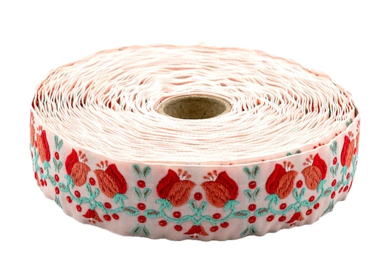 KAFKA F-18/01 Jacquard Ribbon Woven Organic Cotton Trim 1" wide (25mm) Pale Pink Background w/Peach Apricot Bellflowers, Mint Green Leaves