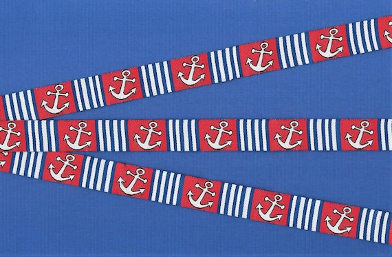 SPORTS/Nautical C- Jacquard Ribbon Polyester Trim 5/8" wide (16mm) Blue Stripes, Red w/White Anchors, Sailing, Nautical Symbols,