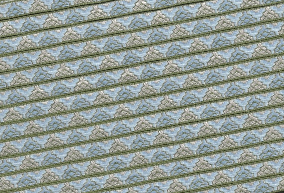 GEOMETRIC A-01-A Jacquard Ribbon Poly Trim 5/16" wide (7mm) Pale Blue Background w/White, Blue & Olive Green Design