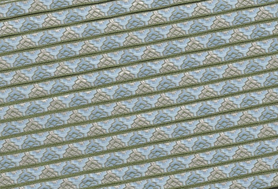 GEOMETRIC A-01-A Jacquard Ribbon Poly Trim 1/4" Wide (6mm) Pale Blue Background w/White, Blue & Olive Green Design, Per Yard