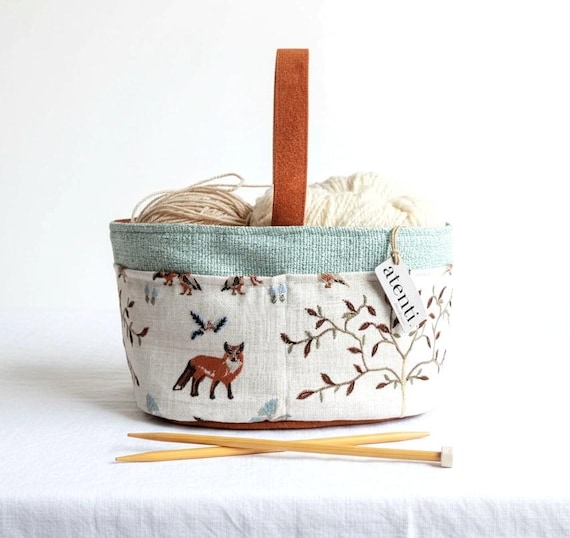 ATENTI "FOXY" Off-White w/Embroidered Design, 8-Pocket Short Bucket Organizer, Needle Arts/Knitting Bag, Handmade USA