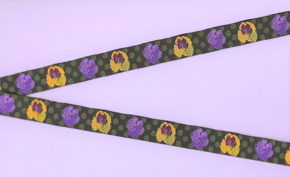 FLORAL C-39-A Jacquard Ribbon Polyester Trim, 5/8" Wide, LFN Textiles, Olive Green Polka Dot Background w/Yellow & Purple Pansies, Per Yard