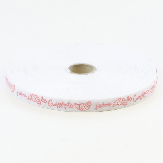 KAFKA A-07/04 Jacquard Ribbon Organic Cotton Trim 7/16" wide (10mm) PARIS Collection White, Apricot & Pink "J'adore les Croissants" Per Yard