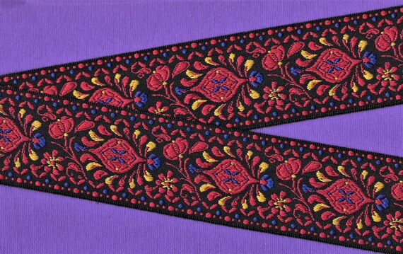 FLORAL K-09-F Jacquard Ribbon Poly/Cotton Blend Trim, 2" Wide (50mm) Black w/Rich Tones in Burgundy, Purple & Golden Yellow, Priced Per Yard