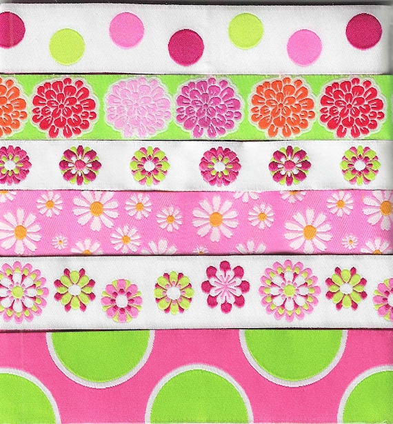 RIBBON PAK-87 Jacquard Ribbon Woven Polyester Trims 1yd length of 6 Designs in White, Pink, Apple Green Floral and Polka Dots