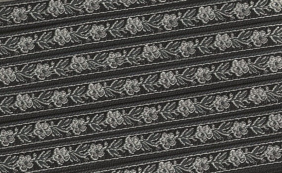 FLORAL B-12-J Jacquard Ribbon Polyester Trim 9/16" wide, Made in France, Black w/Variegated Gray Flowers, Leaves & Vines