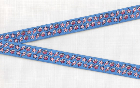 NOVELTY/Beach D-10-A Jacquard Ribbon Poly Trim 3/4" wide (20mm) Douglas Paquette, Sky Blue with Coral Pink Seashells & Starfish