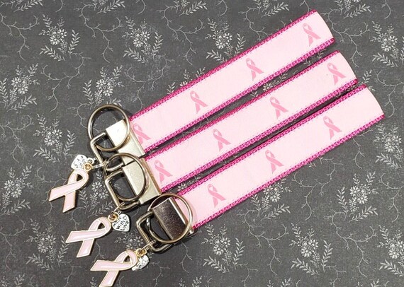 Jacquard Ribbon/Nylon Web 3/4" wide (20mm) Key Fobs, Breast Cancel Awareness w/Charms, Keychain, Wristlet, Luggage Tags 5.5" long