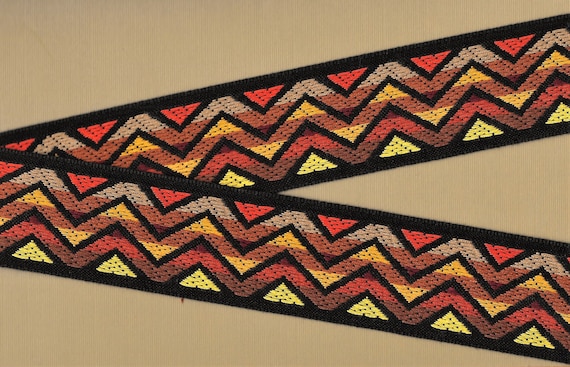 GEOMETRIC J-11-A Jacquard Ribbon Cotton Trim 1-7/8" Wide (48mm) Black Background w/Yellow/Orange/Tan/Rust/Brown Zigzag Design