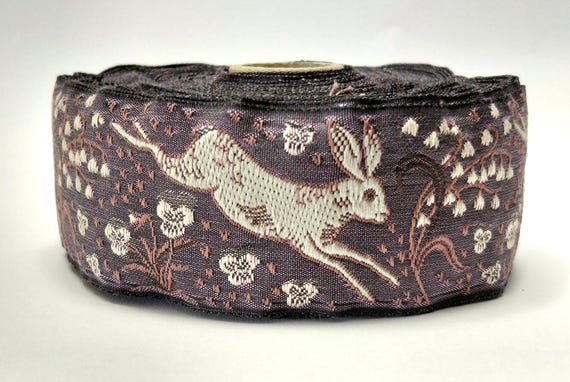 KAFKA H-27-03 Jacquard Ribbon Organic Cotton Trim 1+1/2" wide (38mm) NEW! Amethyst w/Gray Jackrabbits
