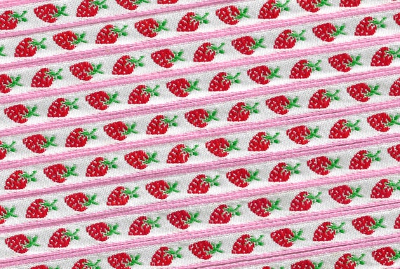 NOVELTY/Fruit A-05-A Jacquard Ribbon Woven Cotton Trim 3/8" Wide (9mm) VINTAGE White w/Pink Borders Red Strawberries w/Green Stems, Per Yard